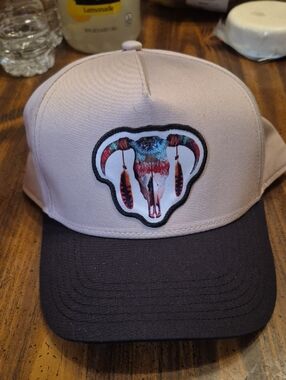 Men's Two-Tone Pink and Black Trucker Hat with Ram Skull Patch